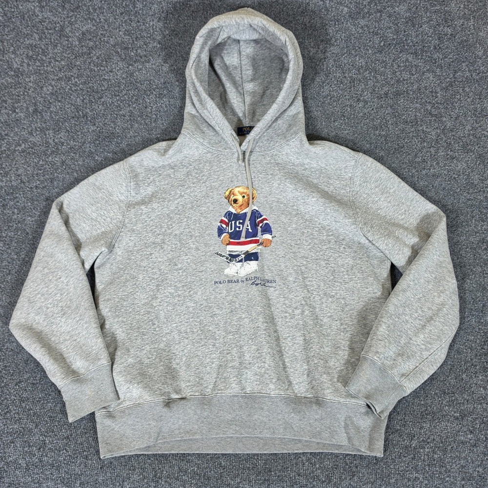 Polo Ralph Lauren Mens XL Polo Bear Hockey USA Hoodie Heather Gray Graphic Stain